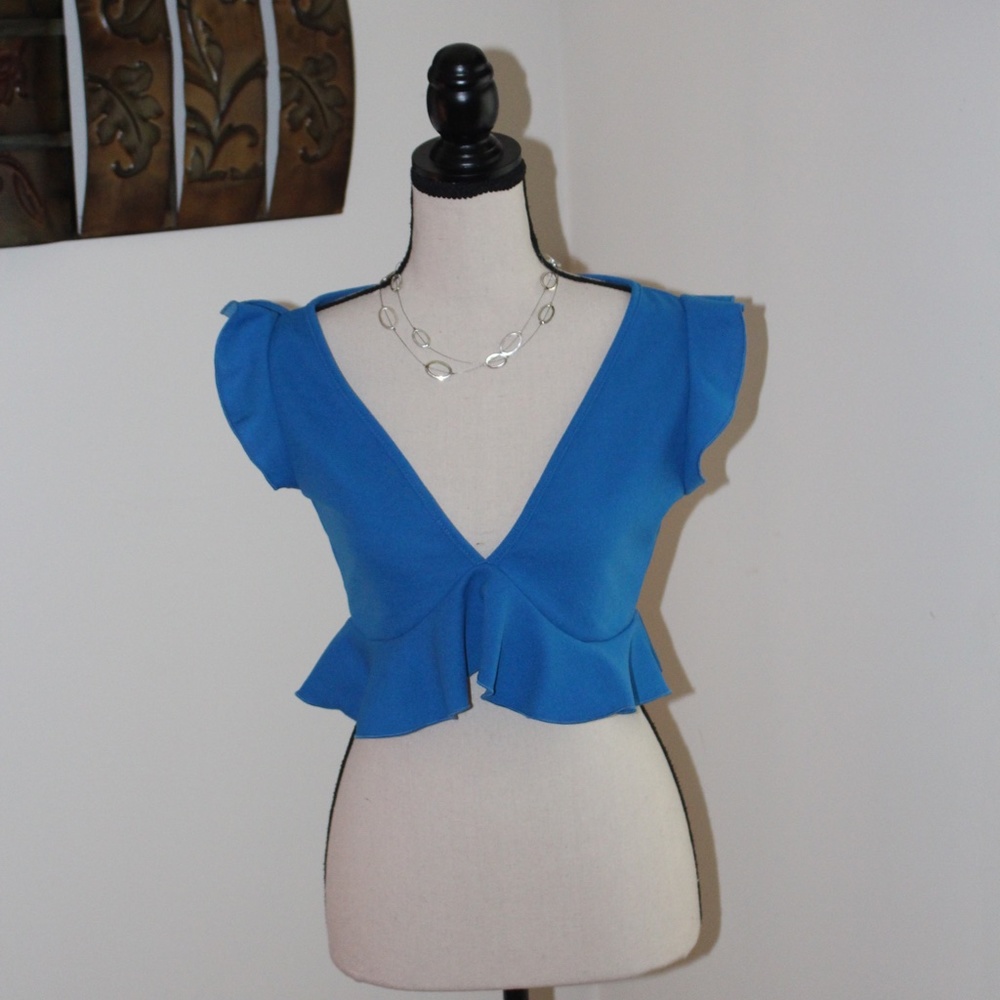 SHEIN, crop top with ruffle sleeves and hem line ....